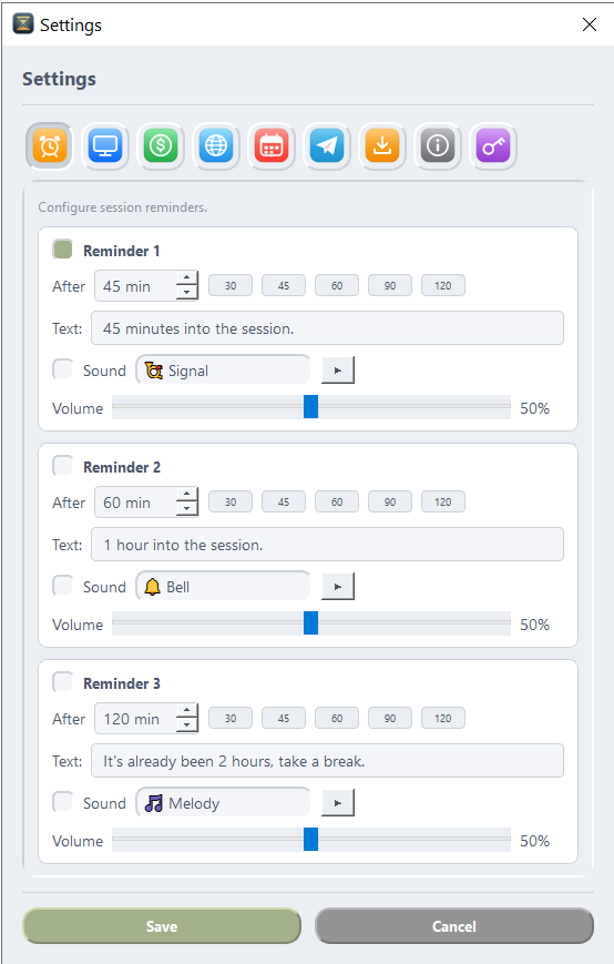 TimerSession settings: session reminders with time, text, sound and volume