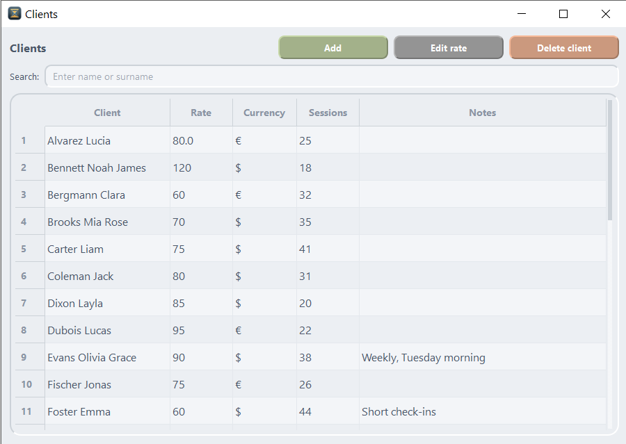 Clients — rate, currency, session count and notes in one table