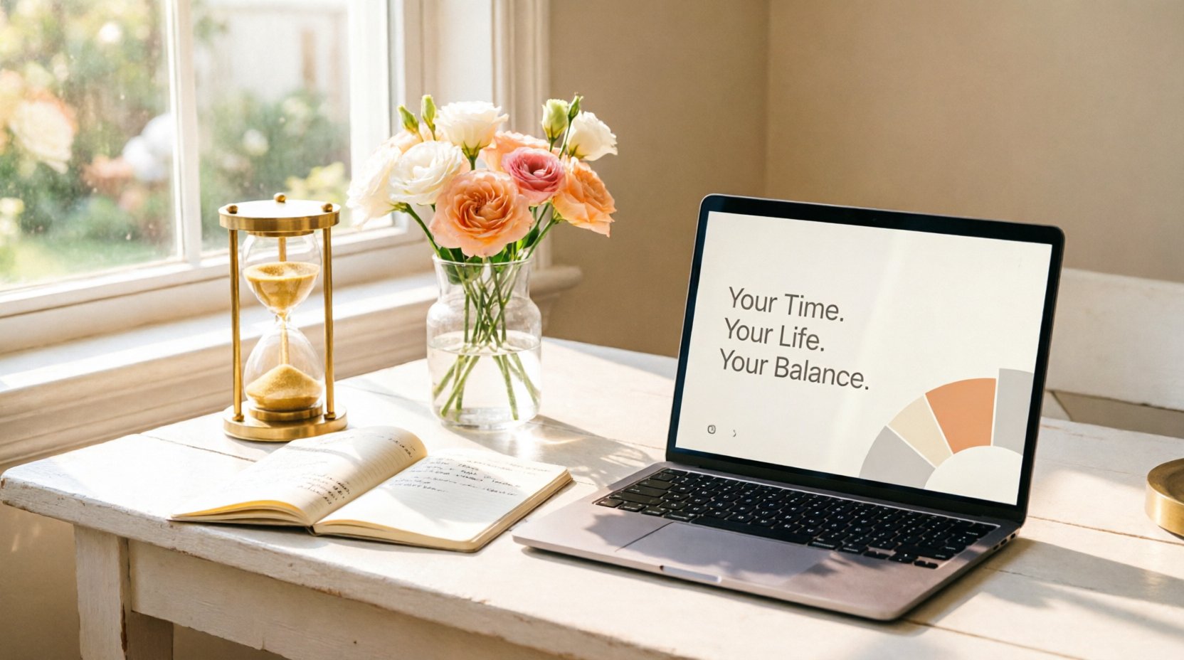 Hourglass, flowers and a laptop on a desk — TimerSession session timer for professionals